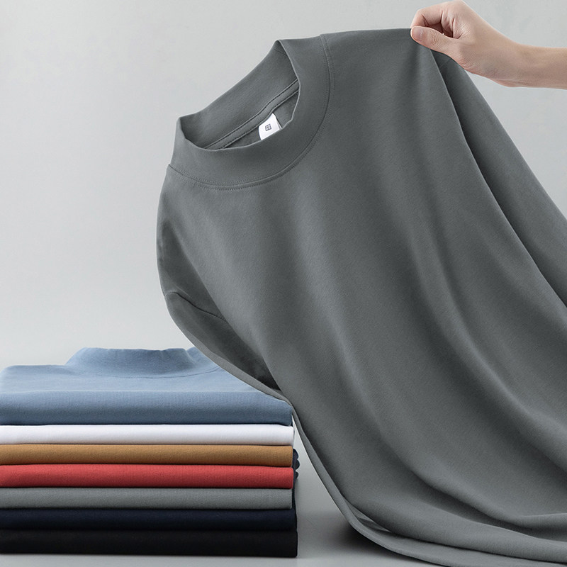 240g重磅纯棉t恤男士长袖半高领内搭打底衫P全棉体恤中领秋衣小衫