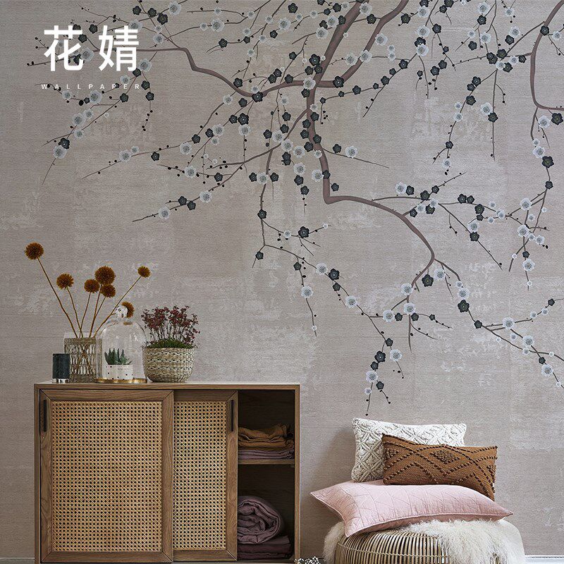 中式梅花a墙纸高端酒店卧室壁纸墙布无纺布餐厅定制壁画电视背景