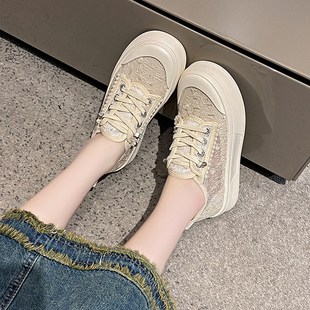 单网蕾丝板鞋女款2025新u款夏季女鞋网面透气网鞋厚底休闲小白鞋