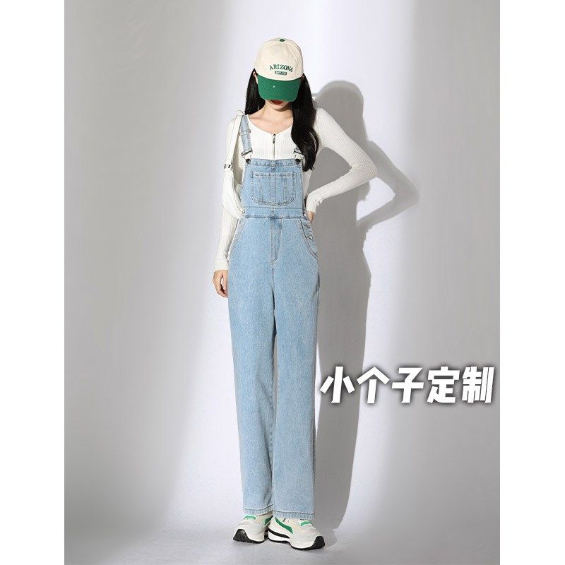 150小个矮子牛仔n背带裤女甜美日系减龄直筒阔腿拖地九分裤秋冬装