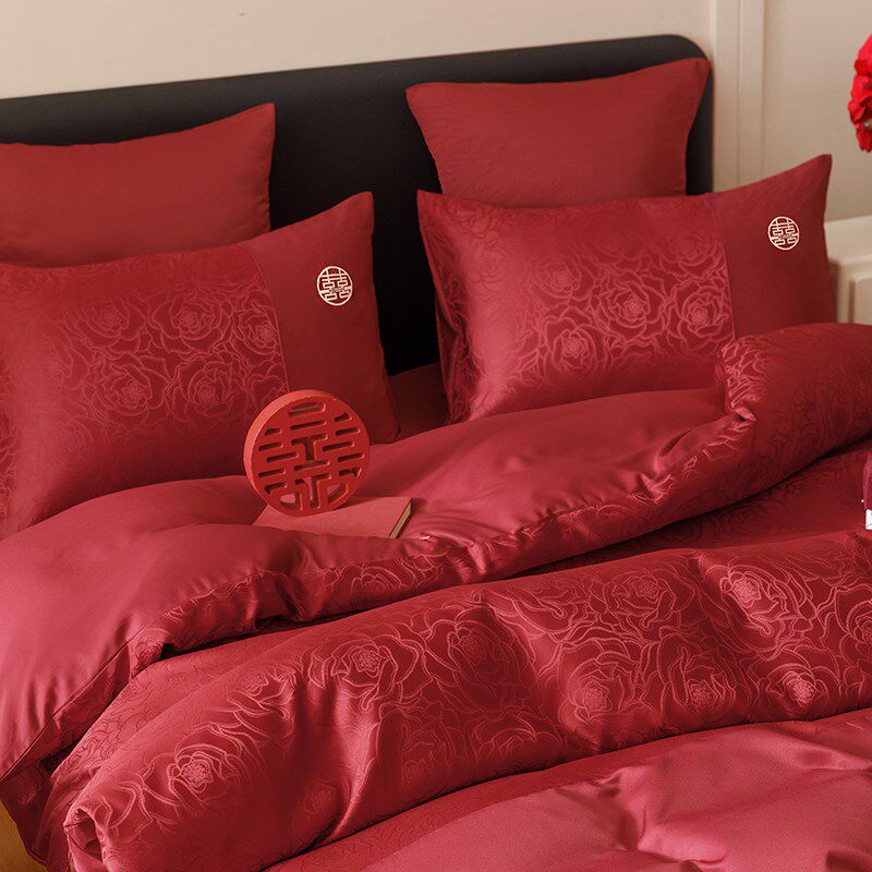 新中式喜字结婚四件套大红色床单玫瑰J被套婚庆房喜被床上用品,床上用品,婚庆床品套件,淘宝优惠券,粉丝福利购,淘宝优惠卷