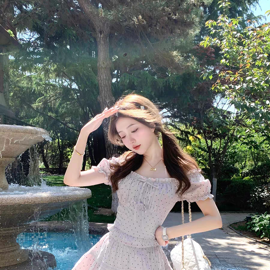 Q女家新品95折啵啵奶芋/法式波点全棉灰紫色两穿上衣半裙套装