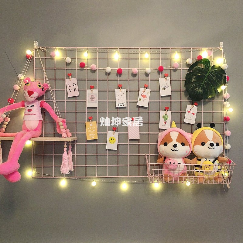 粉色木托片照片架少女心房间布置卧室墙面装饰品铁丝网格置物架子