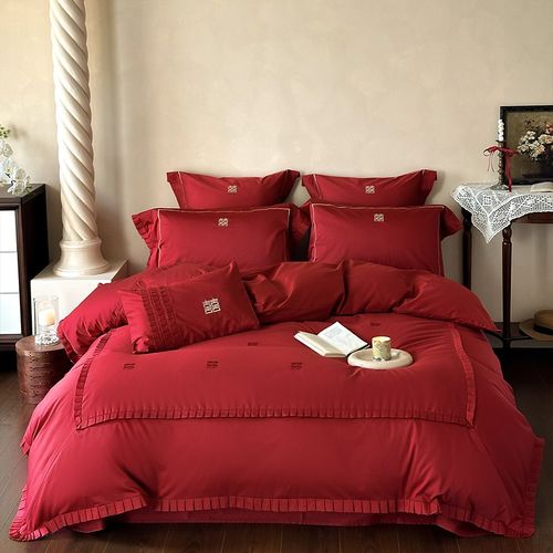 婚庆轻奢100S长绒棉四件套全棉喜字刺绣红色纯棉结婚被套床单床品