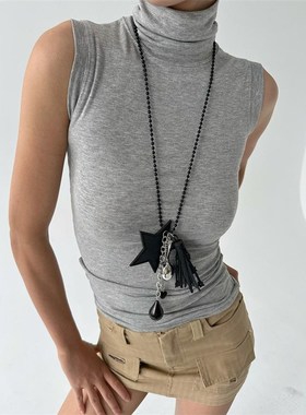 atmshop氛围感多功能黑色皮质星星流苏勺子吊坠长款挂饰项链腰链