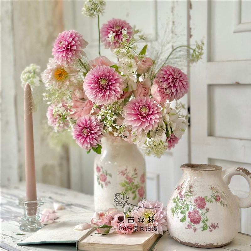 复古森林新中式冰裂釉月季花纹陶瓷罐花瓶奶壶花瓶水培花园杂货