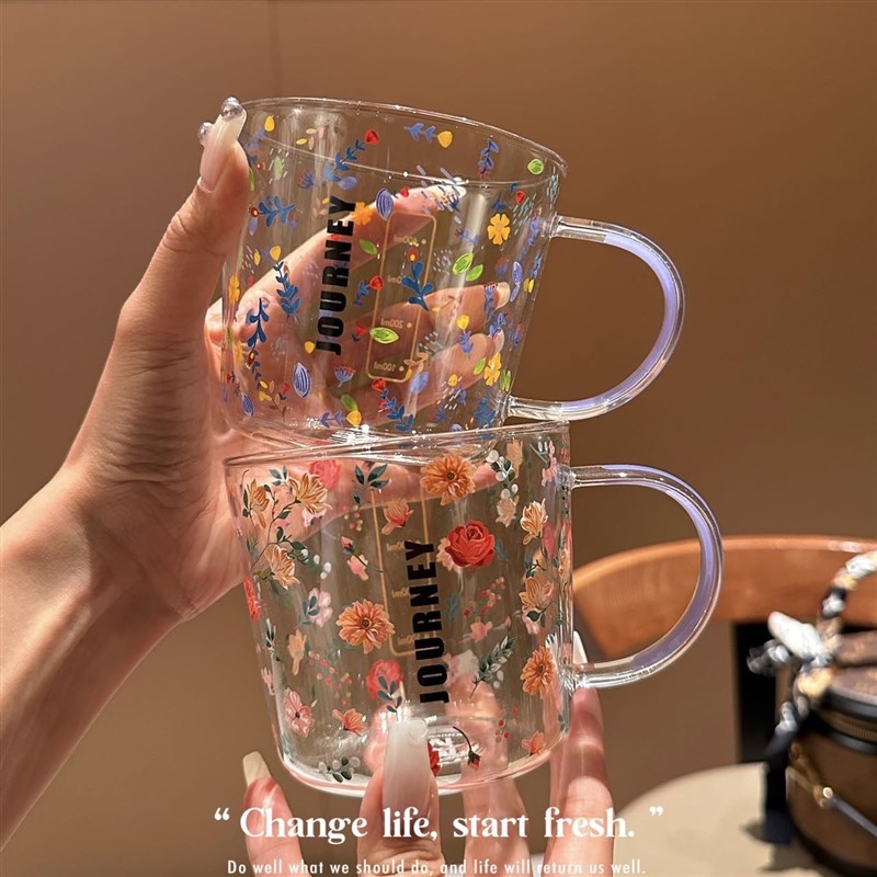 送吸管|紫茉带把玻璃杯子耐高温家用咖啡杯茶杯高颜值牛奶早餐杯