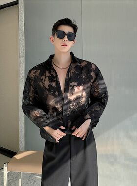 小众时尚c洋气水墨画半透明衬衫男长袖韩版薄纱网红痞帅防晒衬衣