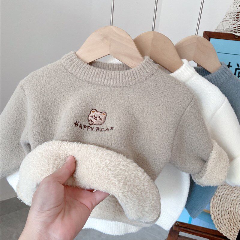 儿童一体绒毛衣加厚保暖秋冬季新款圆领婴儿内搭男童X打底衫女孩
