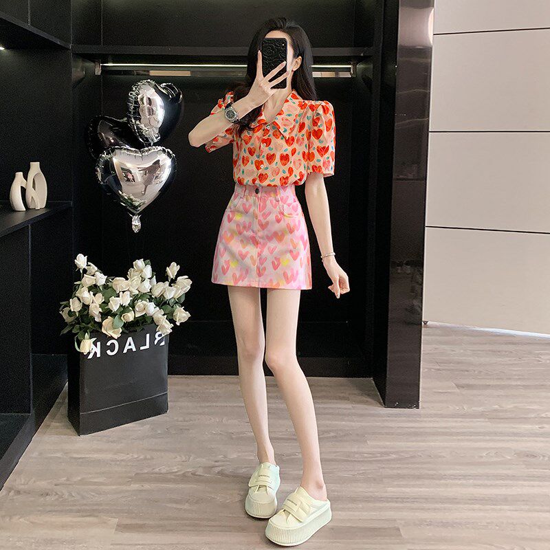 2025新款夏季韩版女团时w尚辣妹碎花衬衫女小个子短款半裙套装