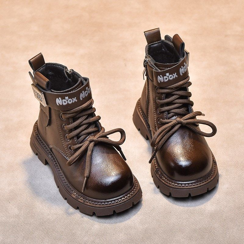 男童帅气马丁靴加绒2024新款男孩儿童H靴子英伦风秋冬鞋子皮鞋短