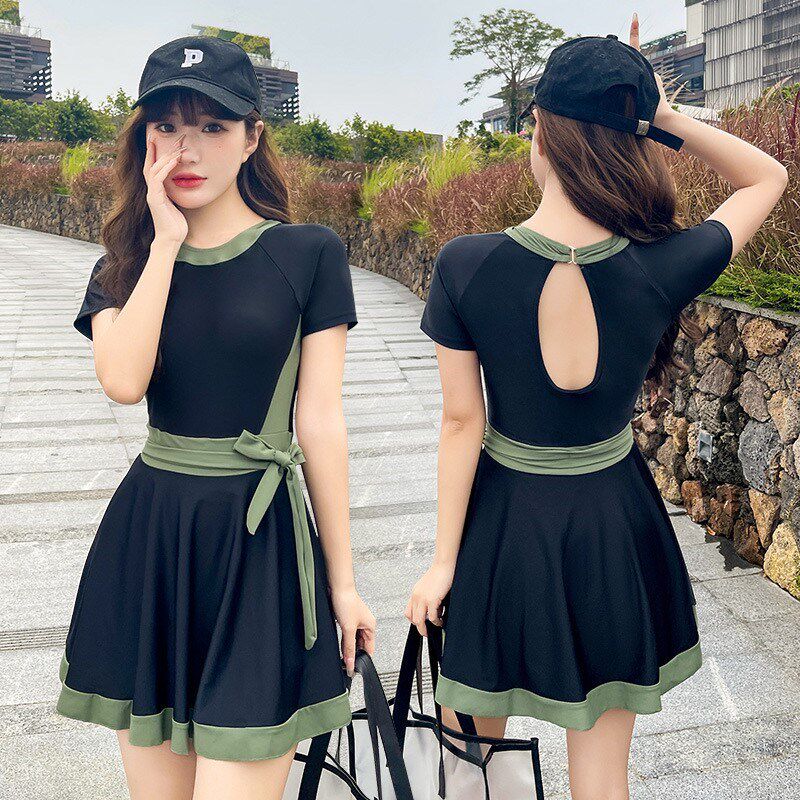 黑色连体泳衣女小个子q泡温泉显瘦遮肚保守小胸聚拢平角裙式游泳