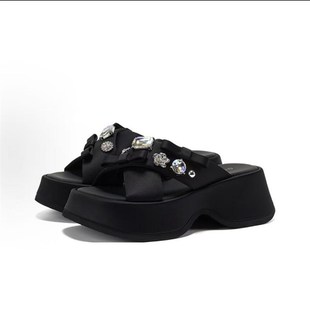 2025年夏j季法式厚底半拖鞋女精致水钻凉拖鞋外穿