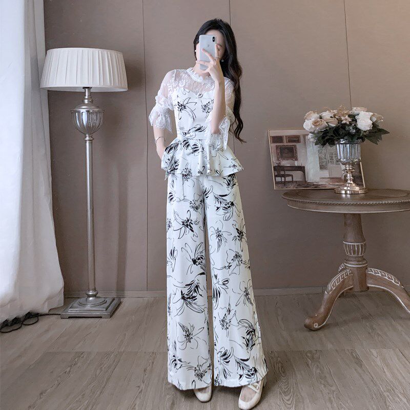 时尚套装女2024夏季新款气质阔B腿裤两件套洋气拼接网红显瘦减龄