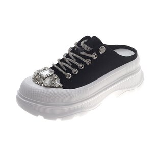 厚底松糕水钻包头凉鞋外穿休闲拖鞋女夏季新款Q帆布懒人半拖小白