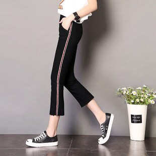 松紧腰打底裤女外穿春秋九分小个子2023夏L季新款黑色小脚铅笔八