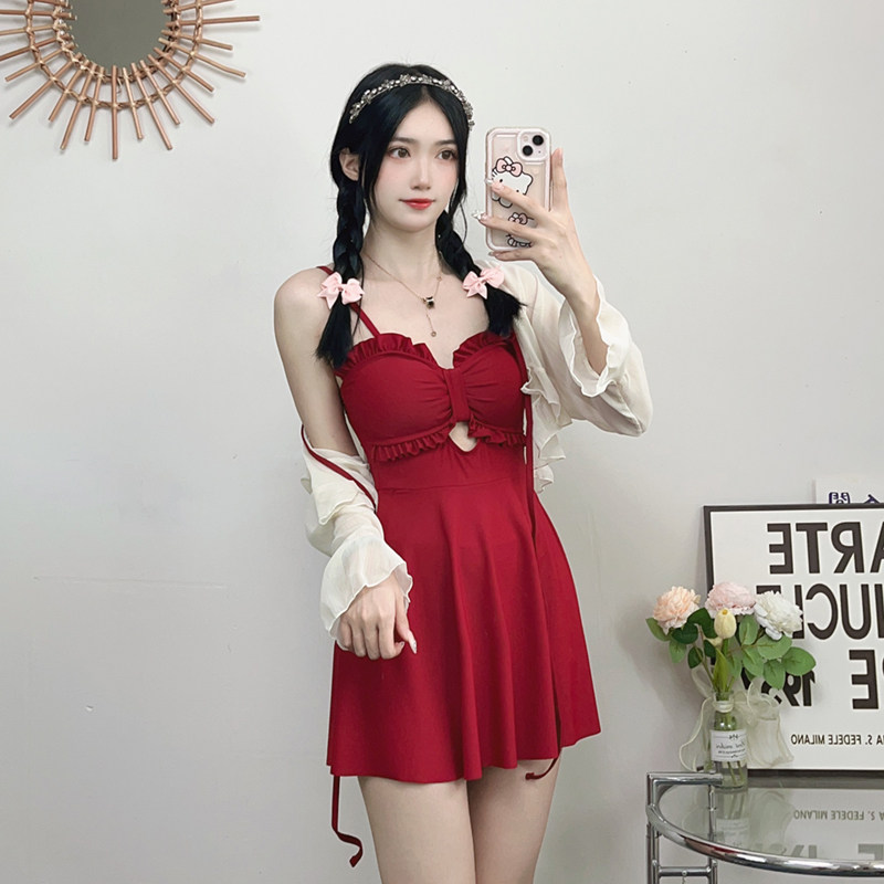 连身泳衣女大尺码2023新款平角保守泡温泉酒M红色微胖女孩遮肉游