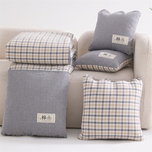 全棉口袋被!水洗棉格子抱枕被子两用G车载午睡靠枕学生午休纯棉被