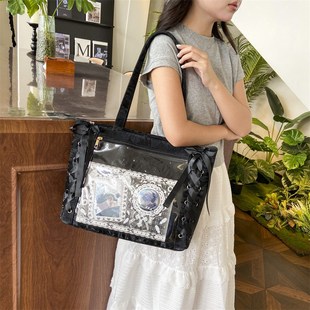 大食量蕾丝痛包单肩绿色系透明隔层E谷子大肠包丝带斜挎大容量挎