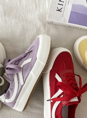 喜叔 夏季薄款紫色板鞋女20x25新款透气帆布小白鞋厚底休闲德训鞋