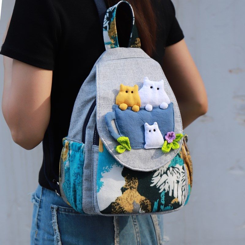 文创小众设计手工帆布q包小清新立体可爱猫咪多夹层个性超轻双肩,箱包皮具/热销女包/男包,通用款女包,淘宝优惠券,粉丝福利购,淘宝优惠卷