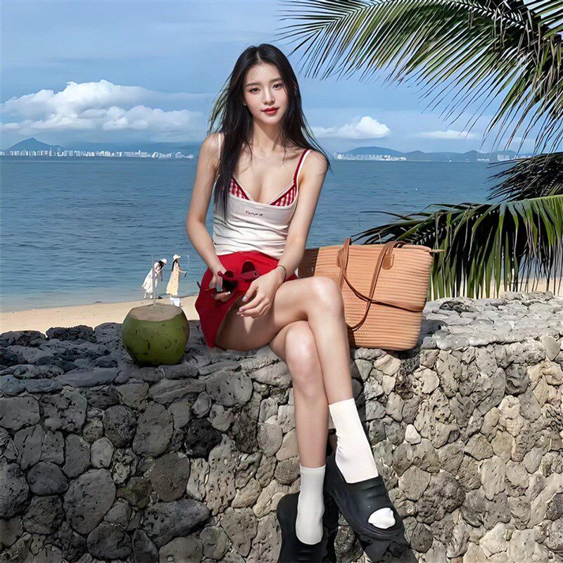 纯欲风四件套分体m泳衣女经典格纹辣妹款度假显瘦遮肉可外穿比基