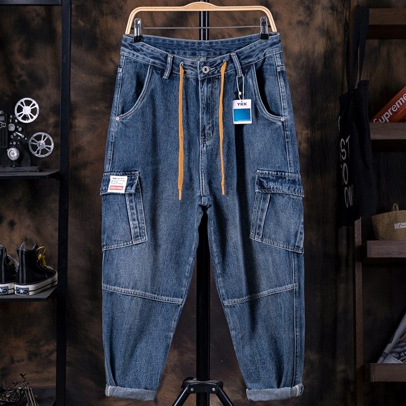 蓝色牛仔九分工装裤n男宽松直筒潮胖子大裤腿垂感大码拼接款阔腿