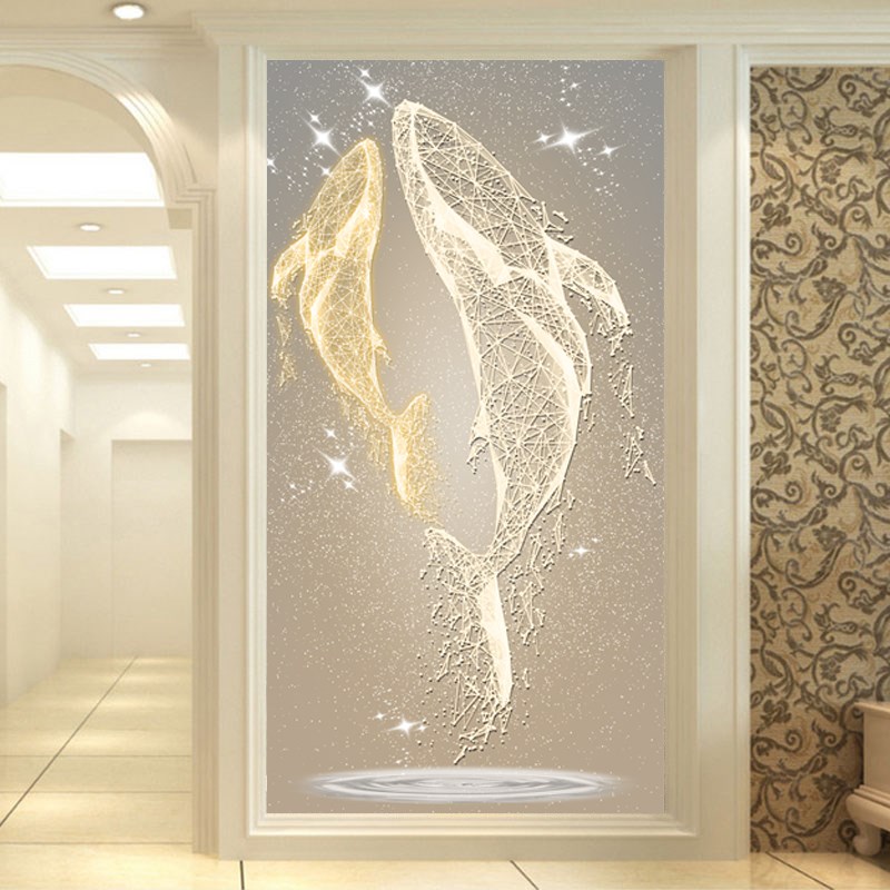 现代玄关装饰画i走廊过道简约抽象鲸鱼正对门竖版壁画墙纸壁纸墙