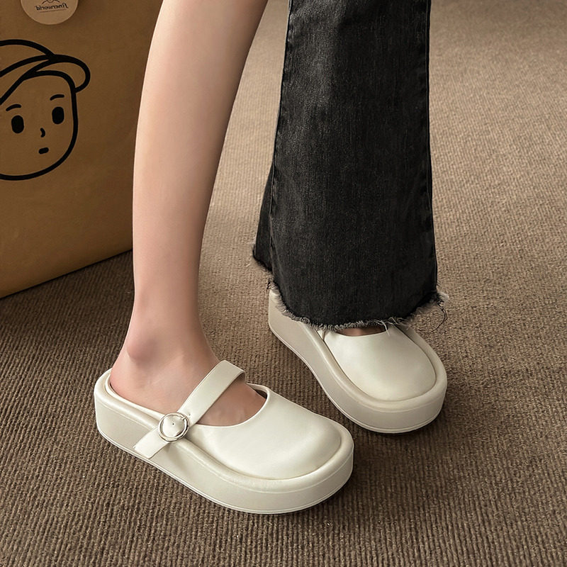 丑萌包头半拖鞋女2024夏季新款女士时尚厚底懒人半V拖中跟外穿凉