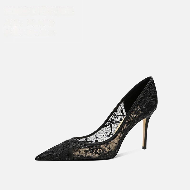 黑色细高跟气质女k鞋新款蕾丝透气镂空单鞋仙女尖头浅口约会宴会