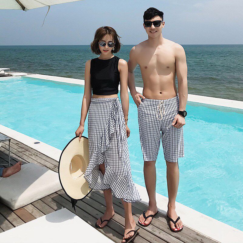 时尚格子鱼e尾裙女士平角裤保守三件套分体泳衣情侣沙滩度假泳装