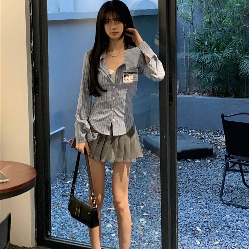 jk制服学院风套装女春季新款甜z辣妹条纹长袖衬衫灰色百褶裙两件