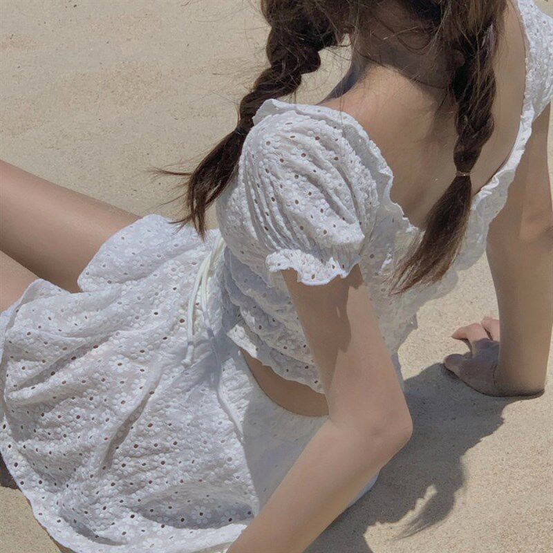 泳衣女2024年新款爆款泡温泉白色分体裙式保守女款V三件套海边度