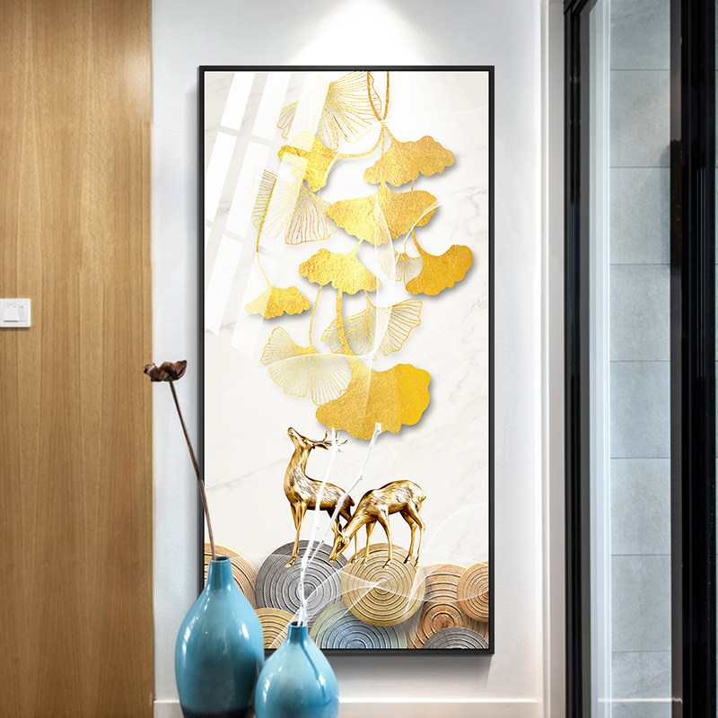 玄关装饰c画入户墙面挂画客厅背景墙竖版壁画发财福鹿晶瓷画走廊