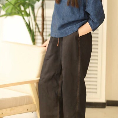 老钱风,夏炙陶黑香云纱工艺汉麻松紧抽绳腰萝卜裤2Z370-1