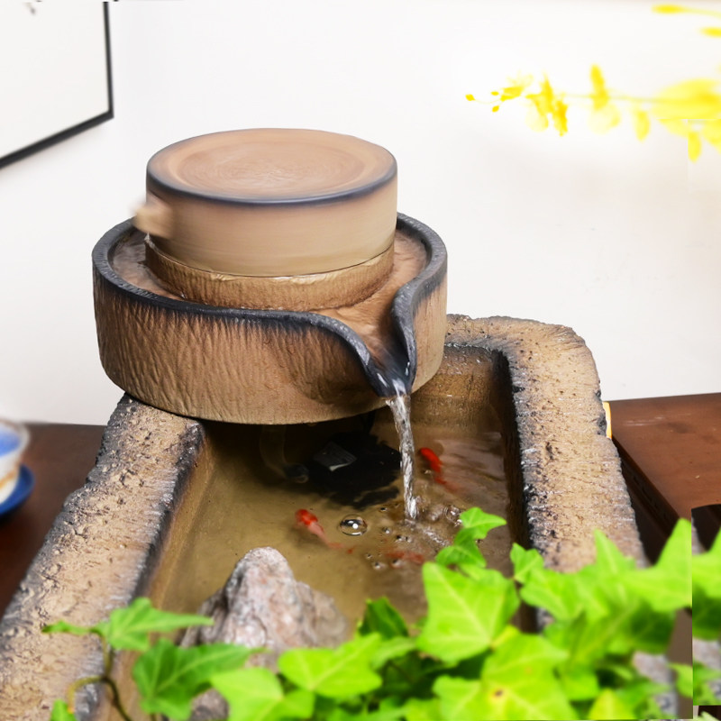 招财时来运转石磨流水摆件陶瓷水磨鱼缸石M槽搭配磨盘庭院装饰水