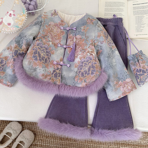 女童国风外套衣服加绒微喇叭裤