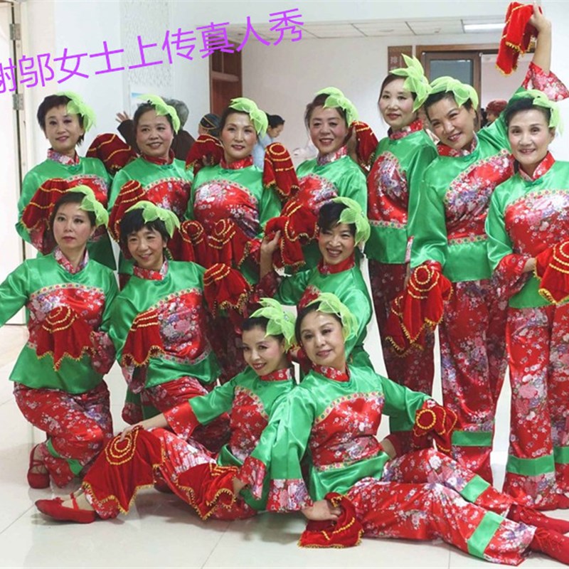 新款女花布秧歌服装民族s舞蹈服装广场舞服装采茶舞茶山情歌舞蹈