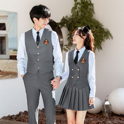 女服务员工作服马h甲百褶裙 双排扣学院风JK三件套 灰色蓝色马甲