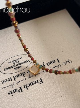 chouchou项链女天然虎眼石串珠饰品复古油画感安可拉红锁骨链秋