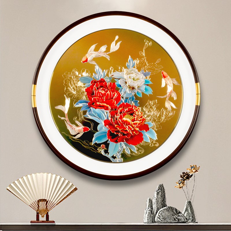 圆形铜雕画入户玄关装饰画牡丹铜板手工餐厅新中式走廊过道挂画图片