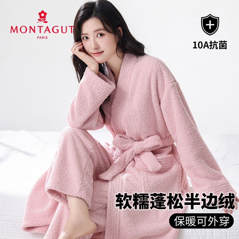梦特娇睡袍女士冬天加厚加绒珊瑚绒睡衣家居服秋冬季浴袍长款