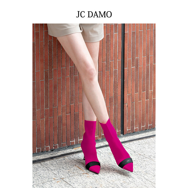 JC DAMO时尚飞织尖头瘦瘦袜靴春夏季法式尖头显瘦高跟短靴子女鞋