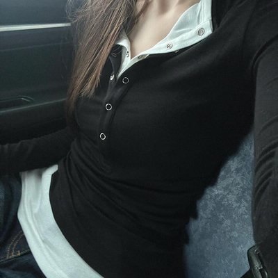 黑色假两件打底衫长袖t恤女秋冬2025新款修身显瘦设计感小众上衣