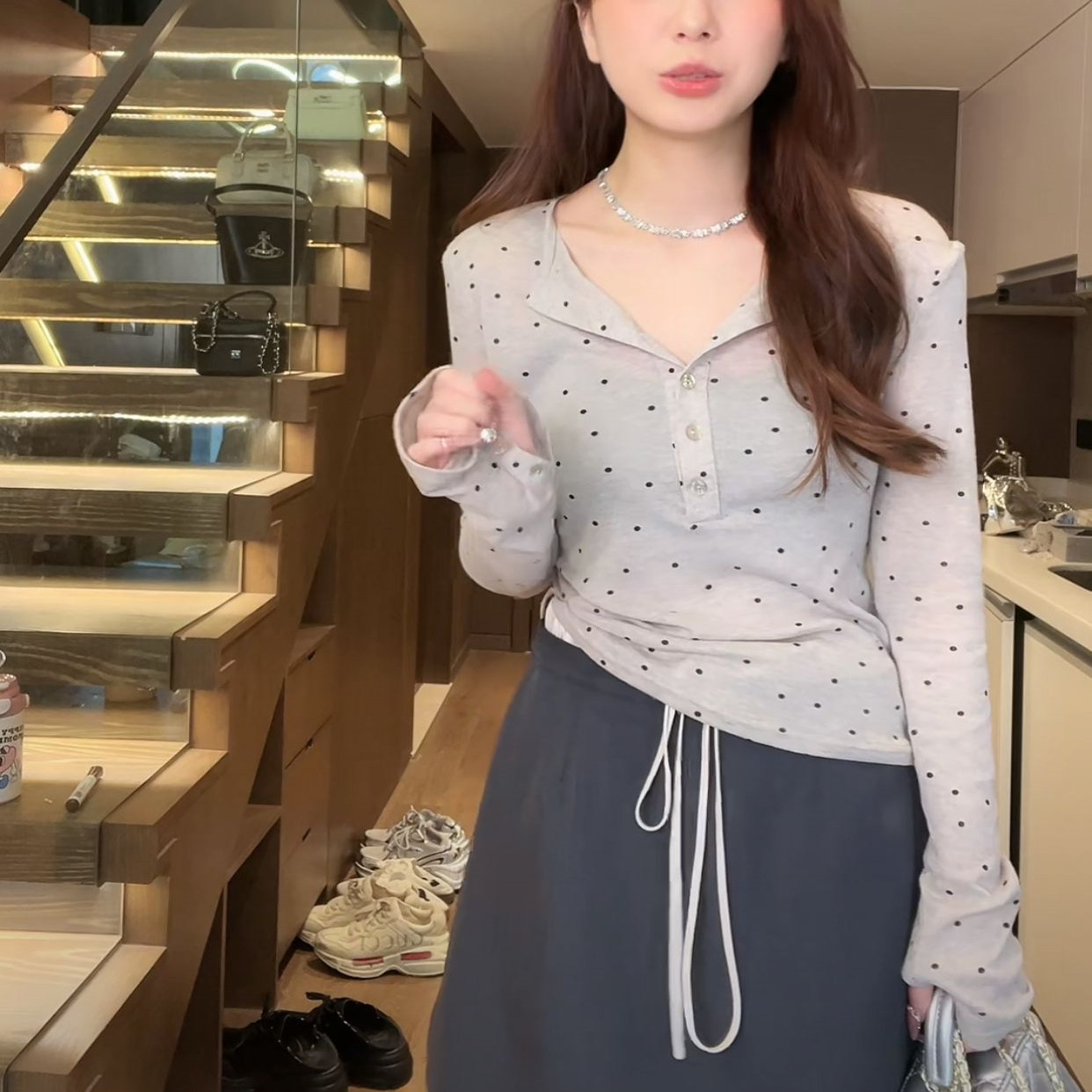 甜美风设计感波点长袖薄款T恤女秋冬显瘦防晒打底衫百搭韩系上衣