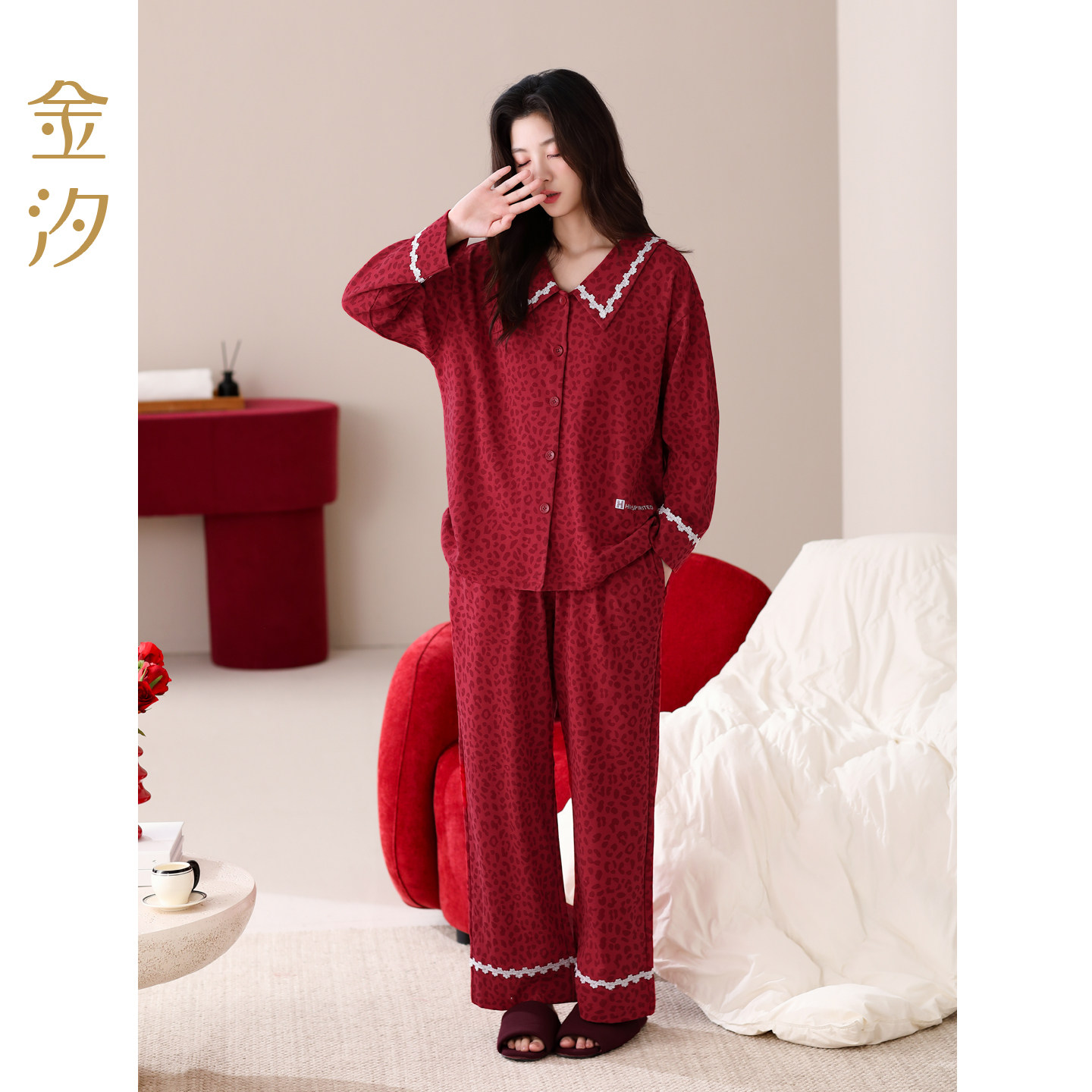 睡衣女纯棉大红色喜庆新款套装长袖长裤结婚外穿春秋本命年家居服