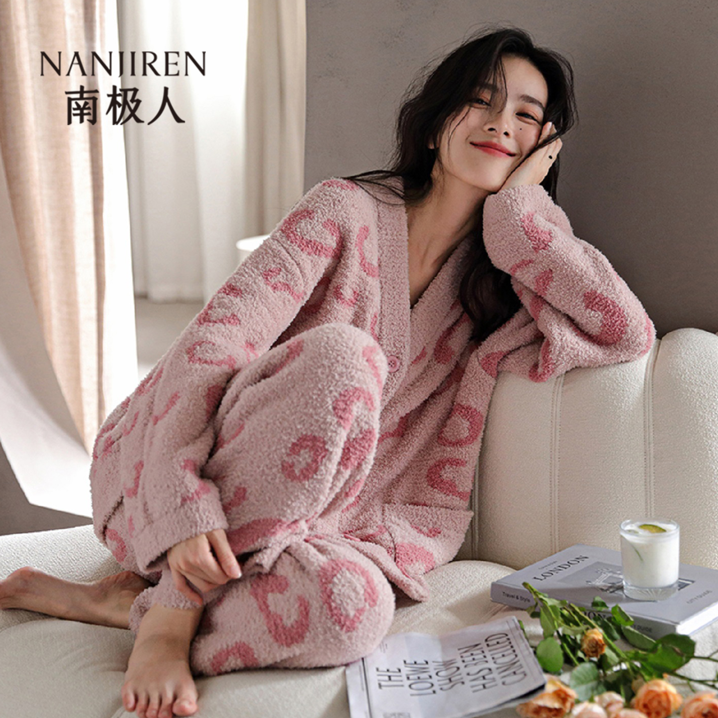 睡衣女冬季半边绒保暖长袖开衫