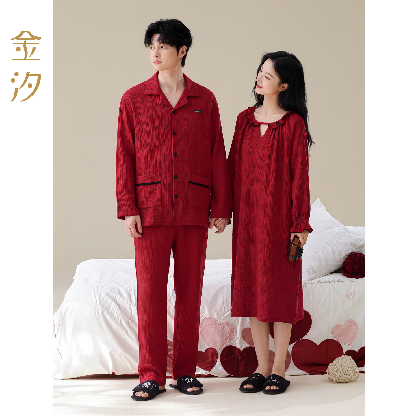 大红色情侣睡衣春秋季纯棉纱布新婚结婚本命年男家居服套装女睡裙