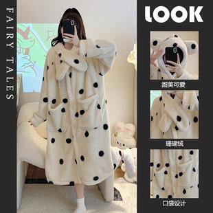 睡衣女秋冬季长款珊瑚绒睡袍女可爱连帽加厚加绒冬天法兰绒家居服