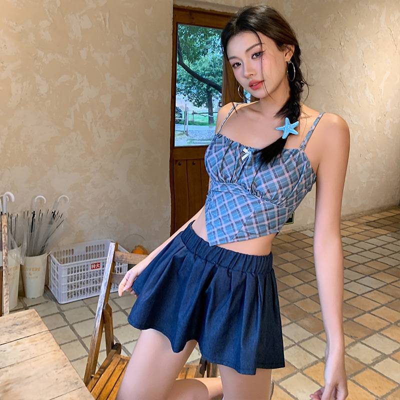 甜辣妹女三件套蓝色格子性感吊带裙式分体显瘦学生度假游泳衣